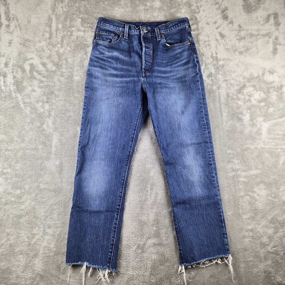 Levis 501 Womens Jeans 28x26 Blue Denim Button Fly Straight Leg Stretch Raw Hem